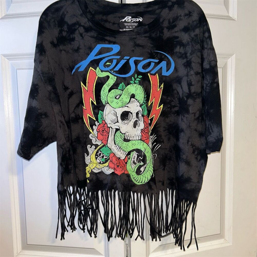Poison Women's 1X Tie Dye Fringe Graphic T-Shirt Black Rock Music Top